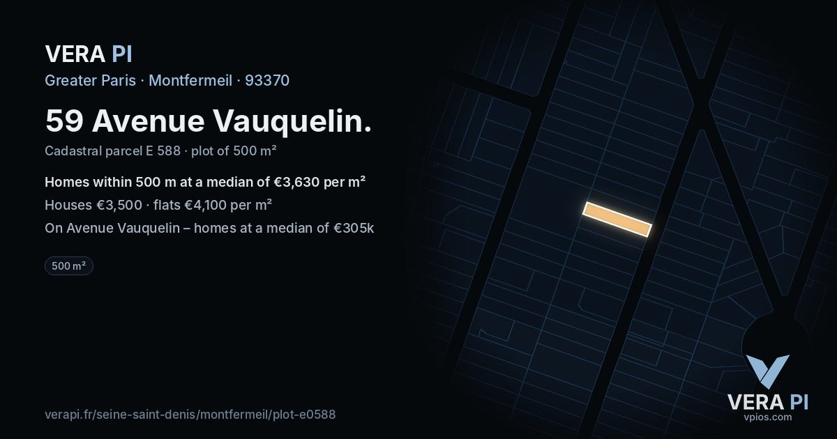 59 Avenue Vauquelin, Montfermeil at night – the plot lit, the parcels around coloured by the prices near them