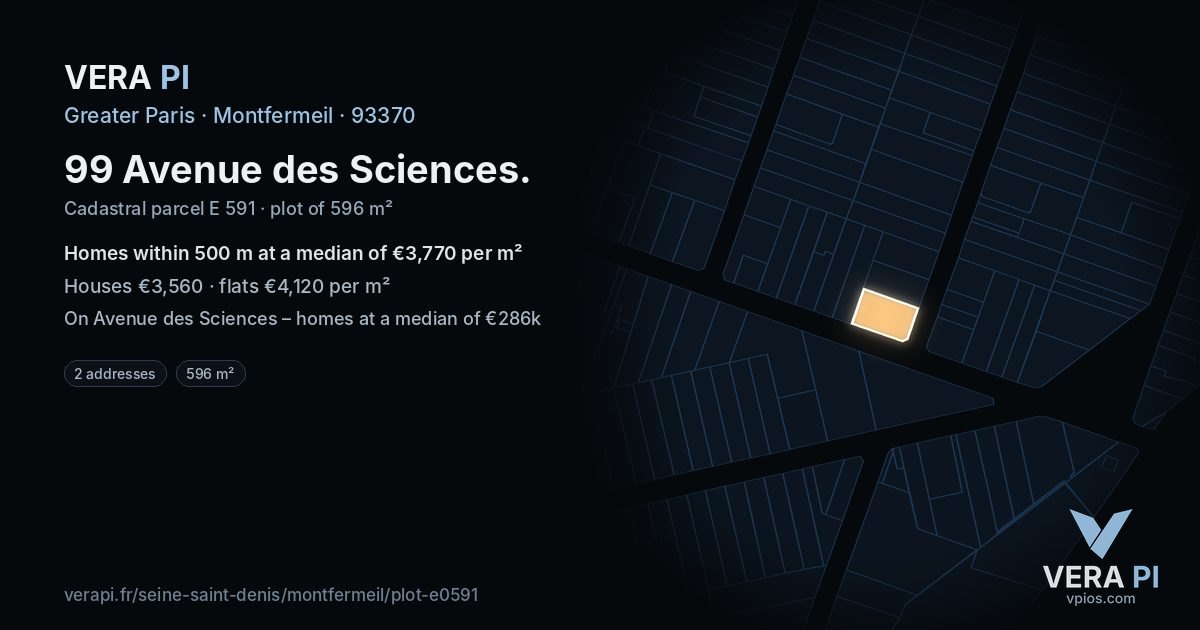 99 Avenue des Sciences, Montfermeil at night – the plot lit, the parcels around coloured by the prices near them
