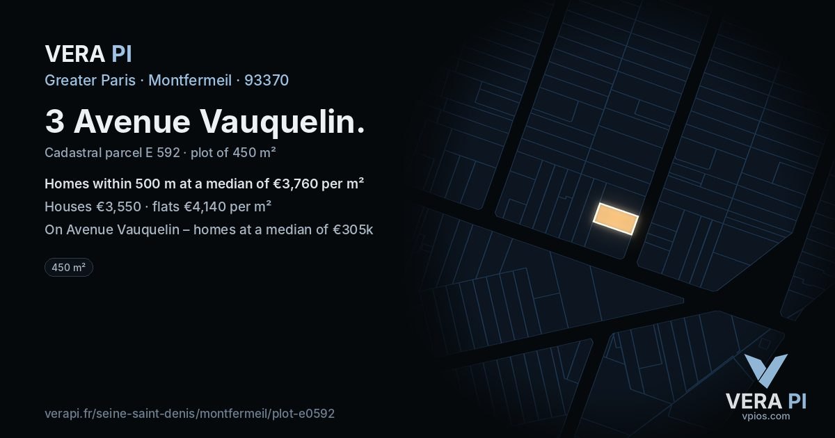 3 Avenue Vauquelin, Montfermeil at night – the plot lit, the parcels around coloured by the prices near them