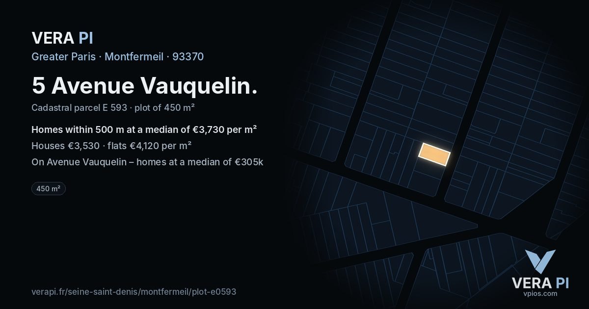 5 Avenue Vauquelin, Montfermeil at night – the plot lit, the parcels around coloured by the prices near them