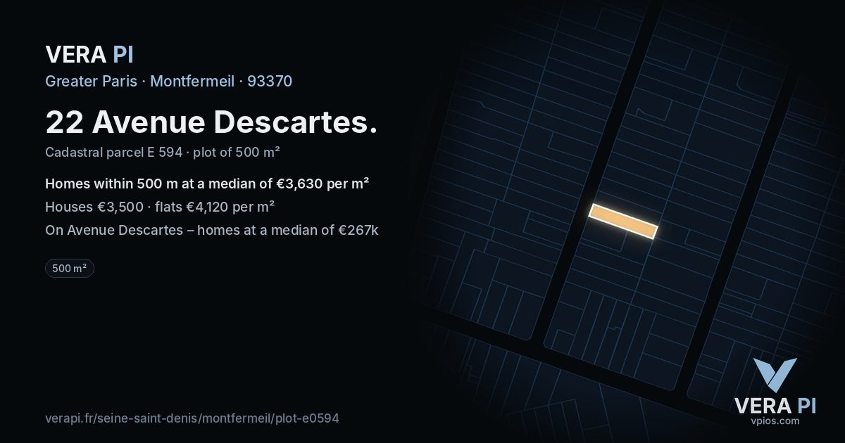 22 Avenue Descartes, Montfermeil at night – the plot lit, the parcels around coloured by the prices near them