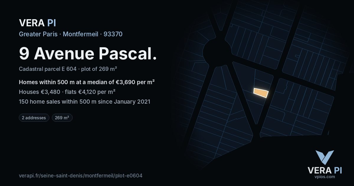9 Avenue Pascal, Montfermeil at night – the plot lit, the parcels around coloured by the prices near them