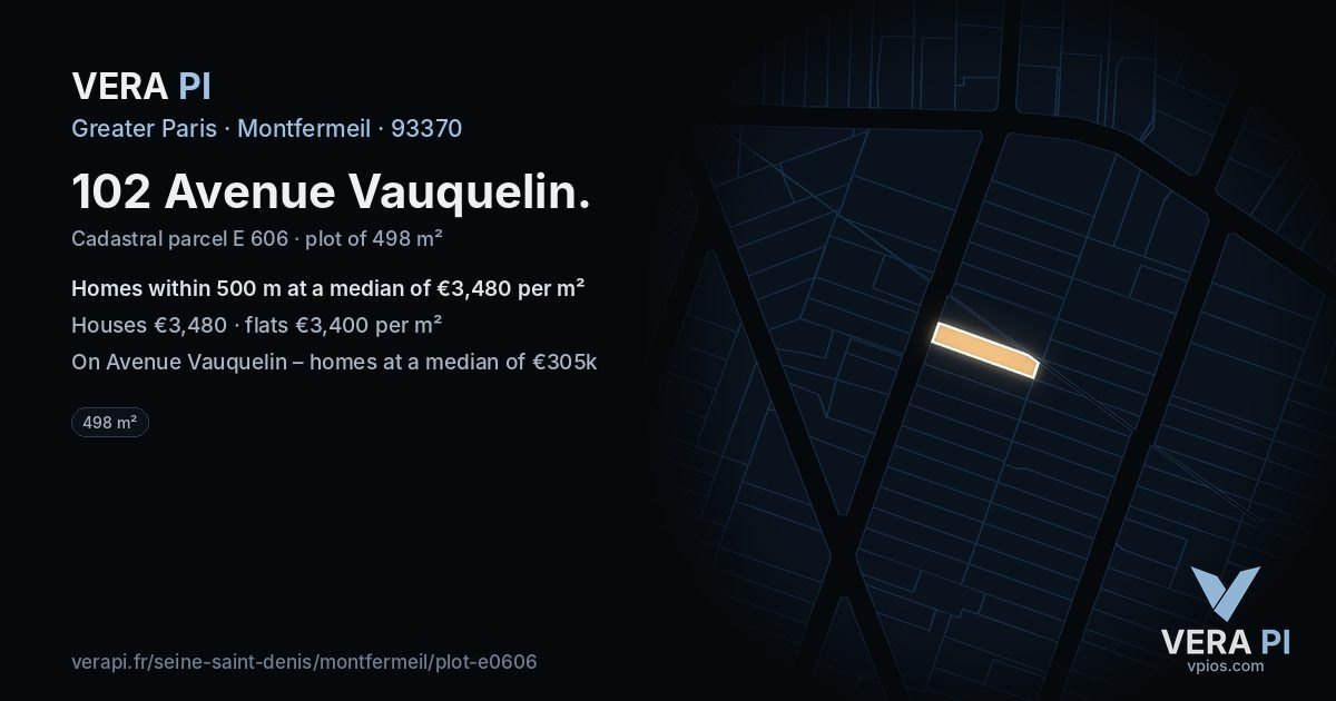 102 Avenue Vauquelin, Montfermeil at night – the plot lit, the parcels around coloured by the prices near them