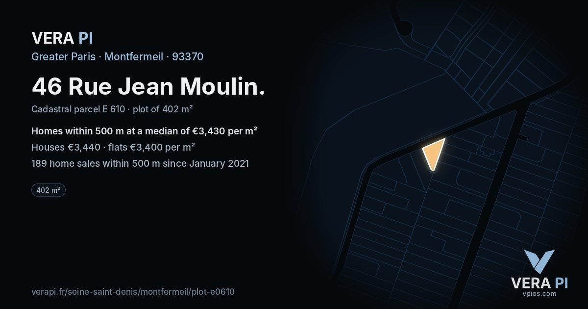 46 Rue Jean Moulin, Montfermeil at night – the plot lit, the parcels around coloured by the prices near them