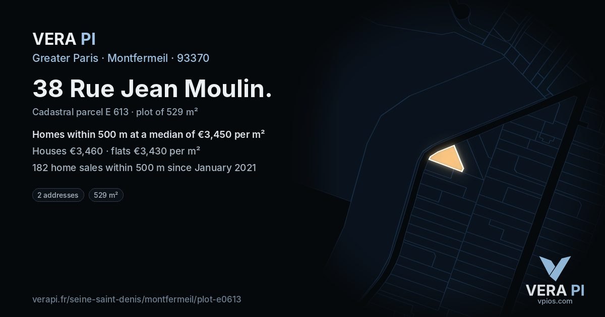 38 Rue Jean Moulin, Montfermeil at night – the plot lit, the parcels around coloured by the prices near them