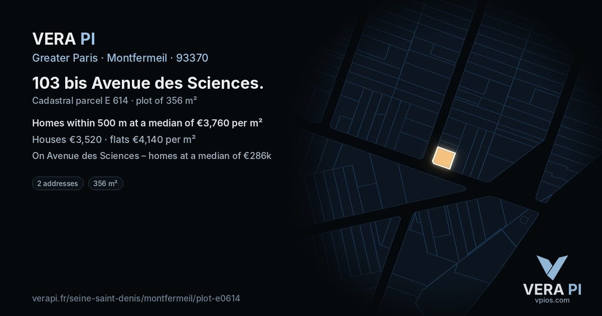 103 bis Avenue des Sciences, Montfermeil at night – the plot lit, the parcels around coloured by the prices near them