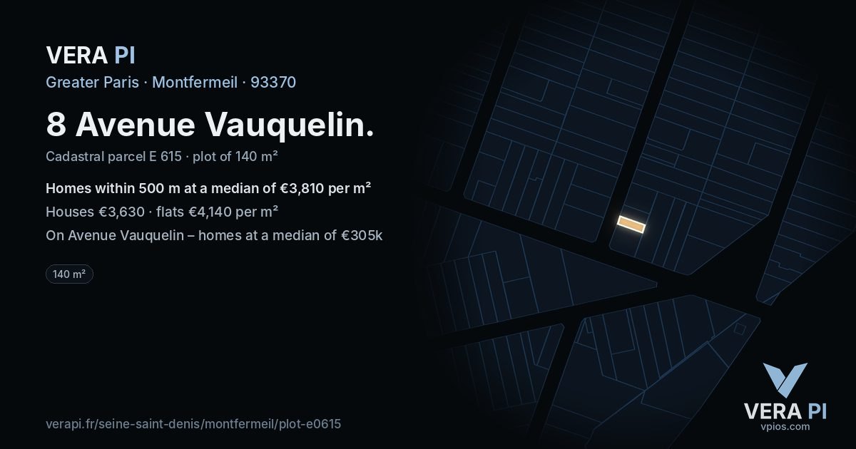 8 Avenue Vauquelin, Montfermeil at night – the plot lit, the parcels around coloured by the prices near them