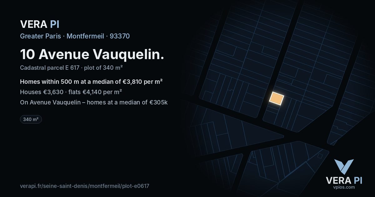 10 Avenue Vauquelin, Montfermeil at night – the plot lit, the parcels around coloured by the prices near them