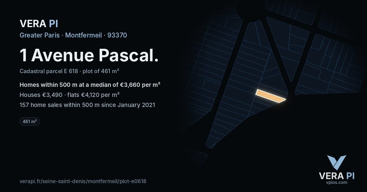 1 Avenue Pascal, Montfermeil at night – the plot lit, the parcels around coloured by the prices near them