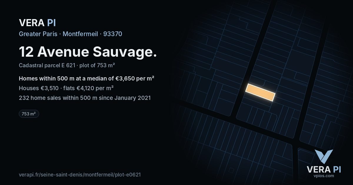 12 Avenue Sauvage, Montfermeil at night – the plot lit, the parcels around coloured by the prices near them