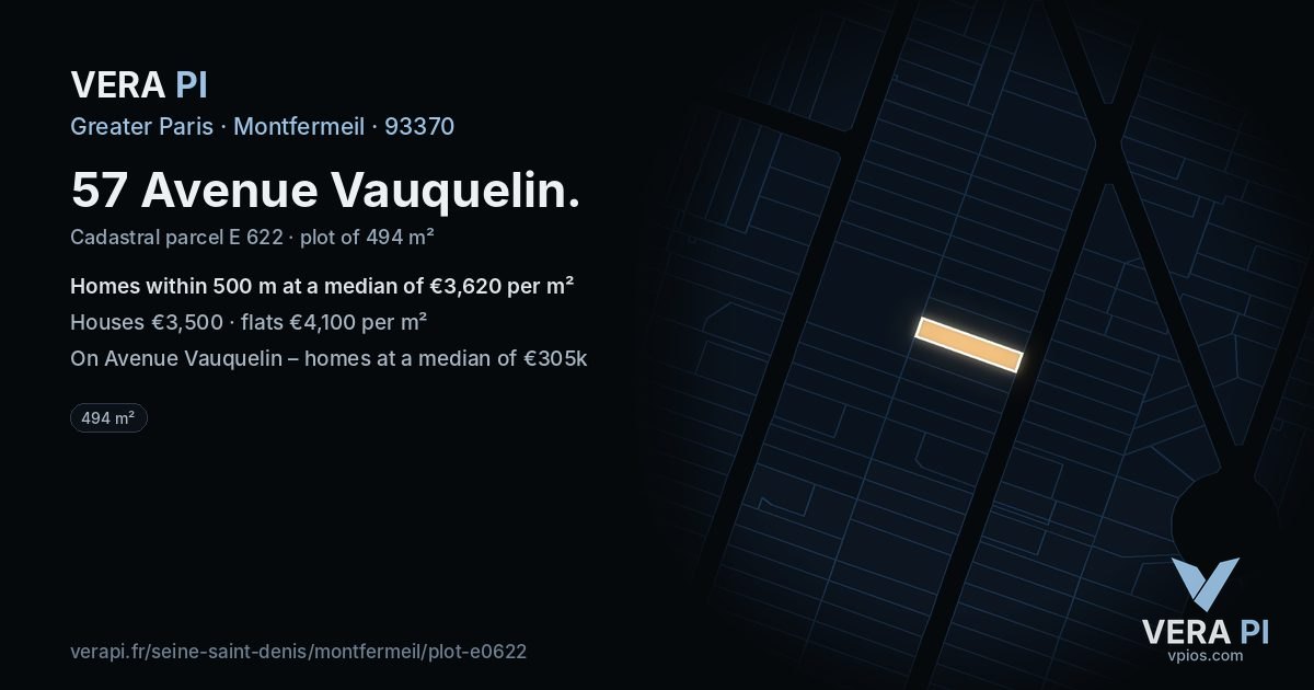 57 Avenue Vauquelin, Montfermeil at night – the plot lit, the parcels around coloured by the prices near them