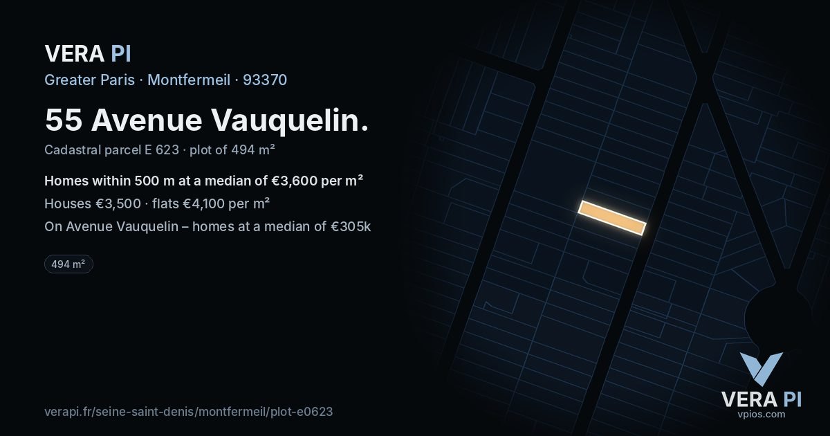55 Avenue Vauquelin, Montfermeil at night – the plot lit, the parcels around coloured by the prices near them