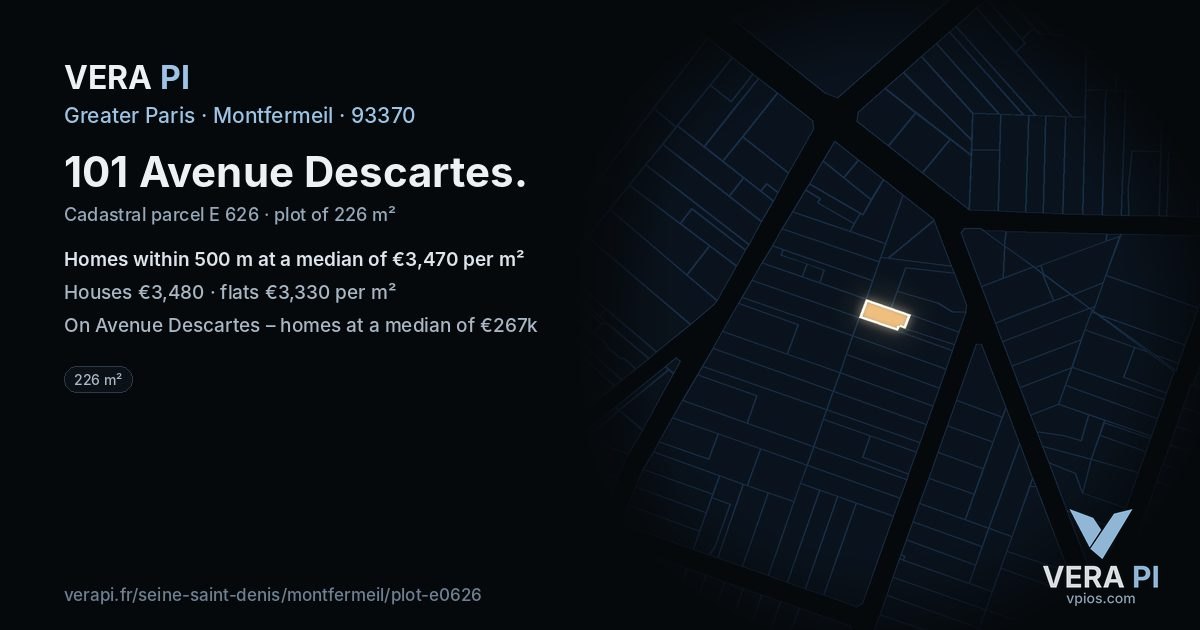 101 Avenue Descartes, Montfermeil at night – the plot lit, the parcels around coloured by the prices near them