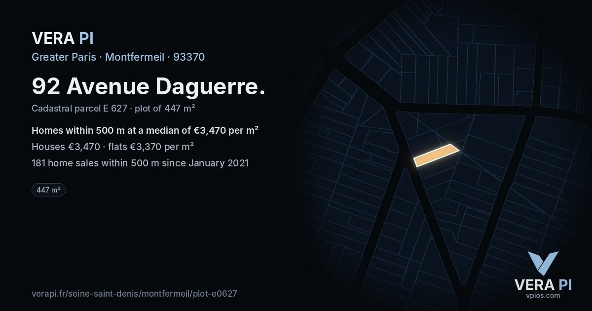 92 Avenue Daguerre, Montfermeil at night – the plot lit, the parcels around coloured by the prices near them