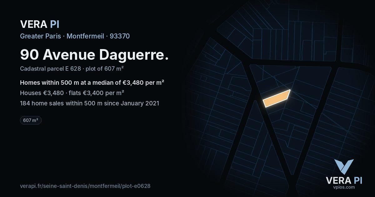 90 Avenue Daguerre, Montfermeil at night – the plot lit, the parcels around coloured by the prices near them