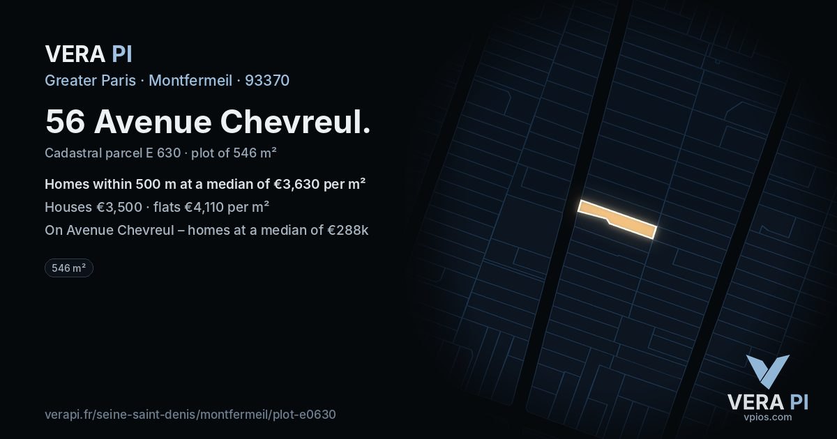 56 Avenue Chevreul, Montfermeil at night – the plot lit, the parcels around coloured by the prices near them