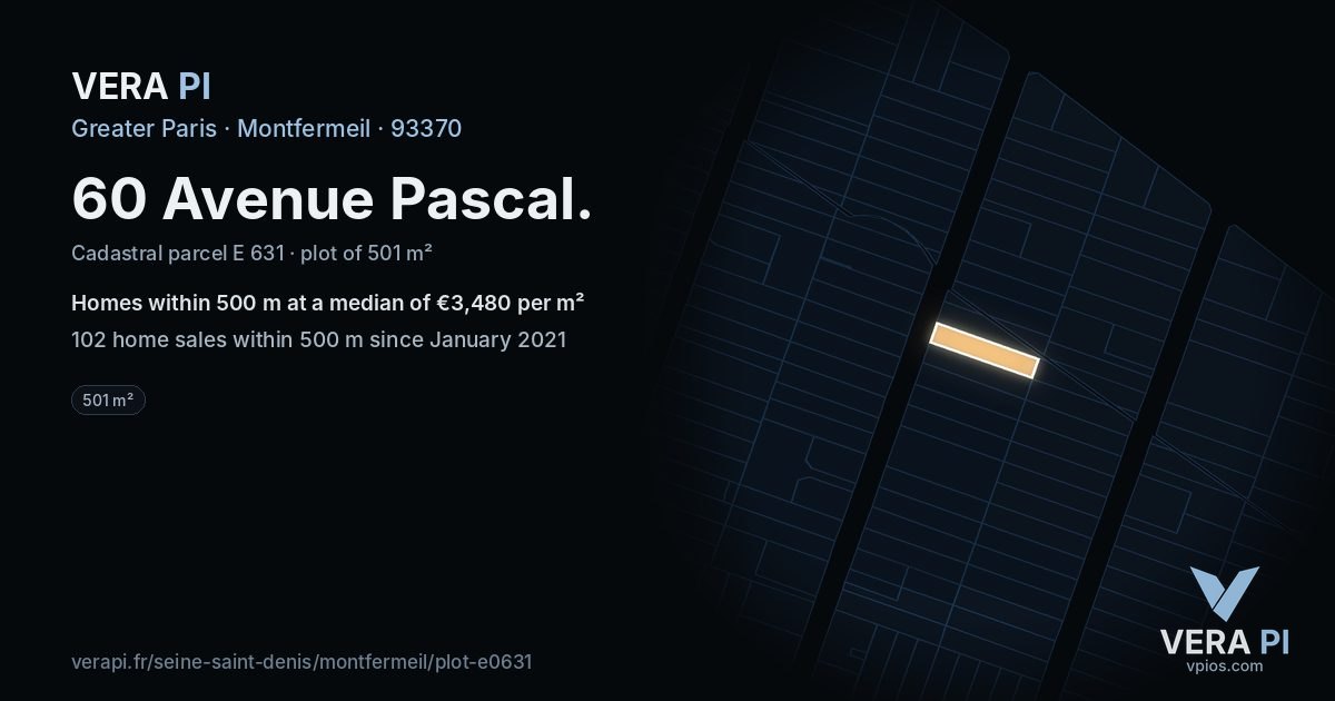 60 Avenue Pascal, Montfermeil at night – the plot lit, the parcels around coloured by the prices near them