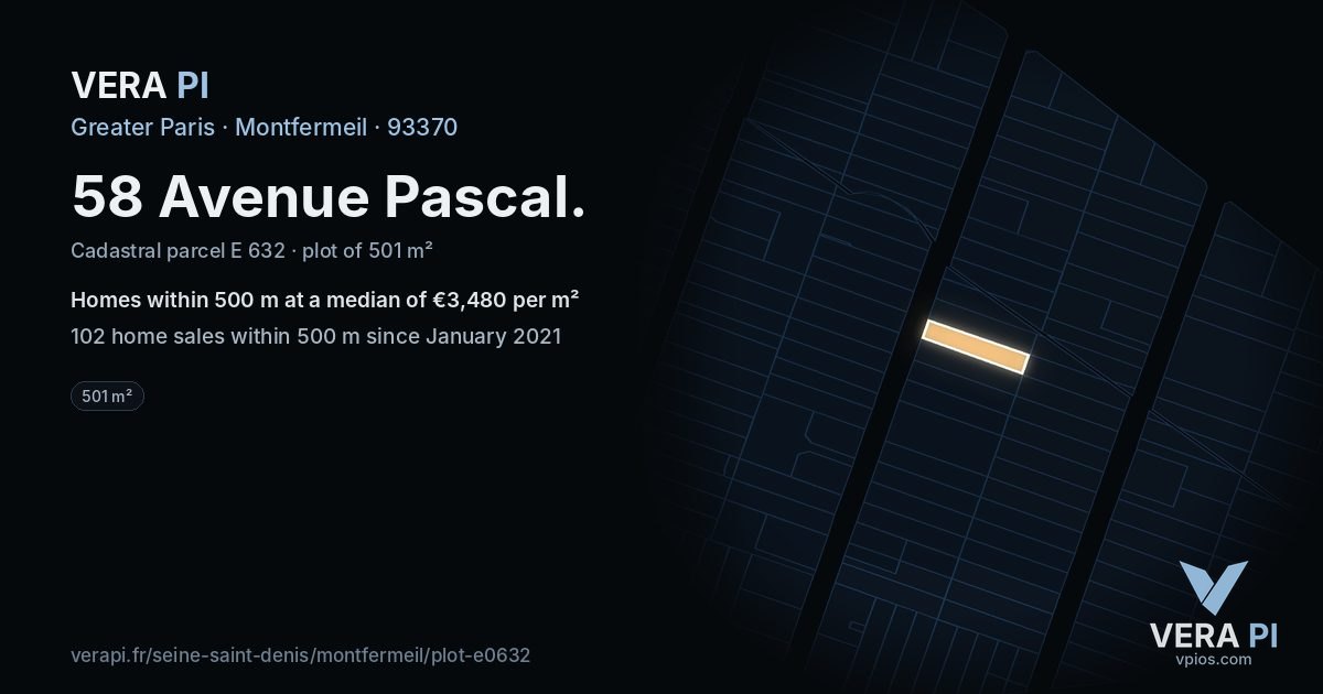 58 Avenue Pascal, Montfermeil at night – the plot lit, the parcels around coloured by the prices near them