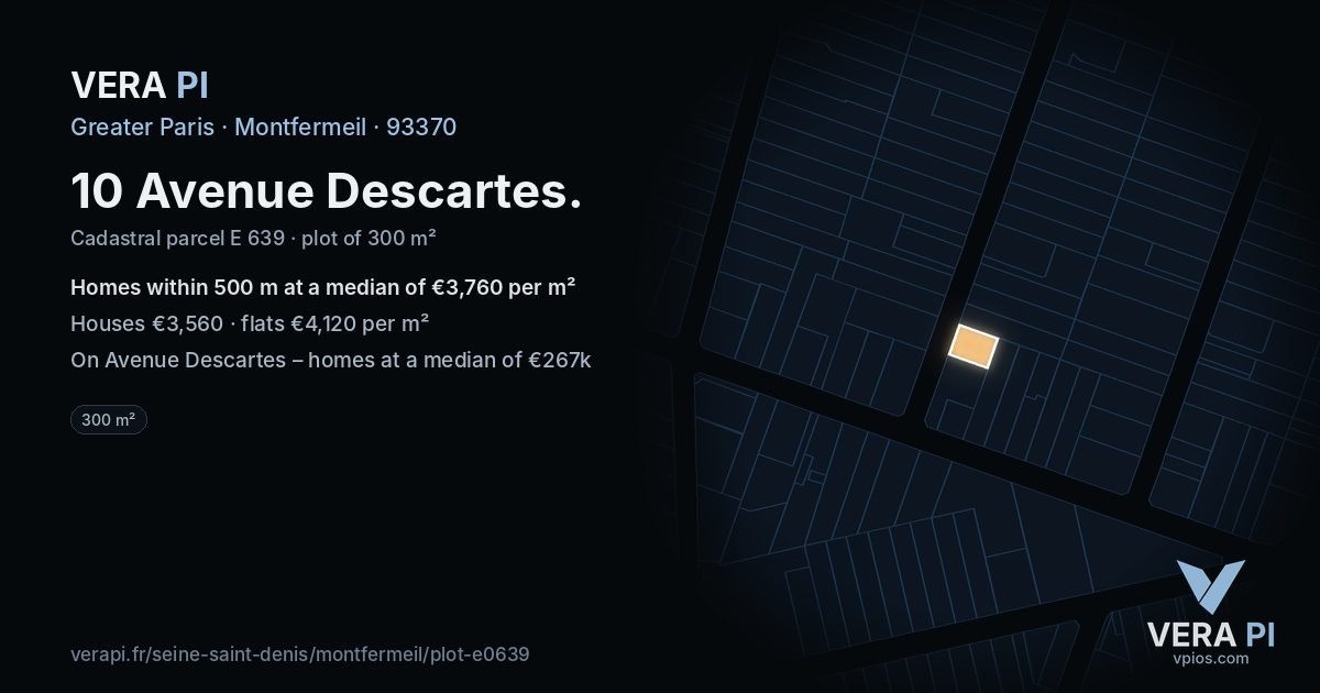 10 Avenue Descartes, Montfermeil at night – the plot lit, the parcels around coloured by the prices near them