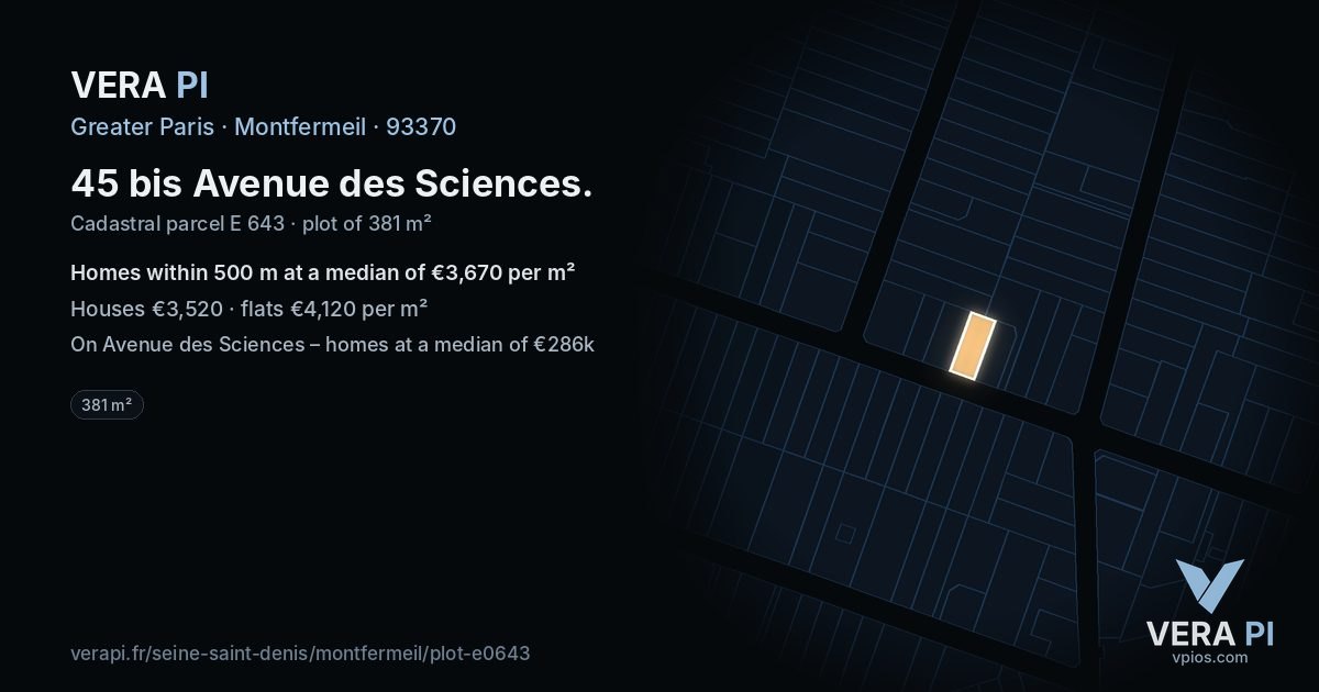 45 bis Avenue des Sciences, Montfermeil at night – the plot lit, the parcels around coloured by the prices near them