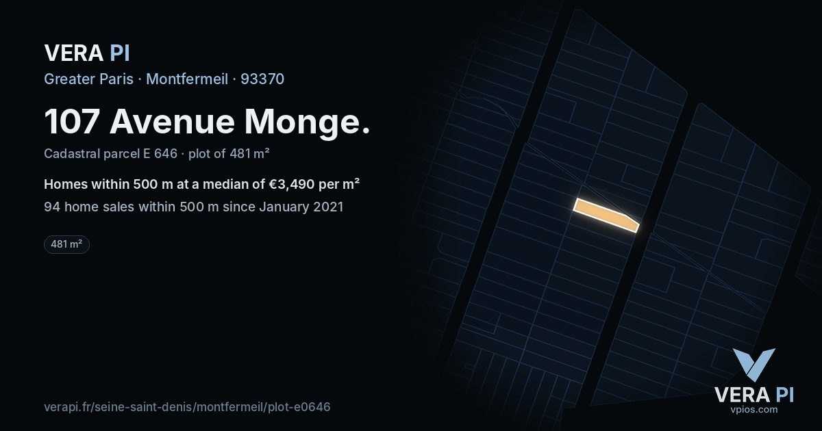 107 Avenue Monge, Montfermeil at night – the plot lit, the parcels around coloured by the prices near them