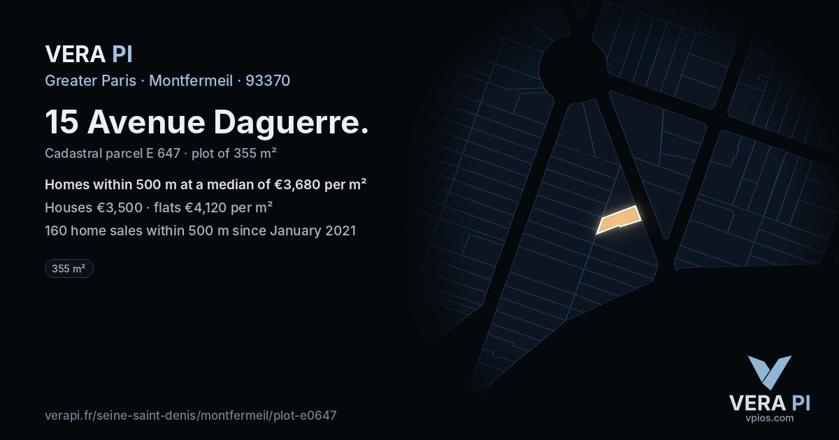 15 Avenue Daguerre, Montfermeil at night – the plot lit, the parcels around coloured by the prices near them