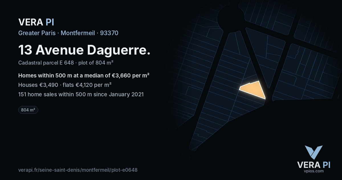 13 Avenue Daguerre, Montfermeil at night – the plot lit, the parcels around coloured by the prices near them