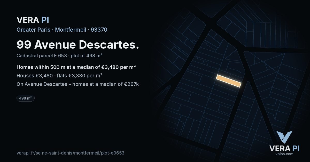 99 Avenue Descartes, Montfermeil at night – the plot lit, the parcels around coloured by the prices near them