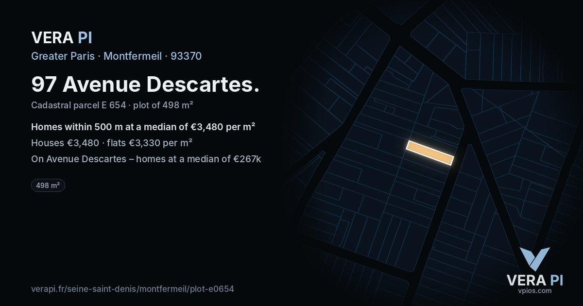 97 Avenue Descartes, Montfermeil at night – the plot lit, the parcels around coloured by the prices near them