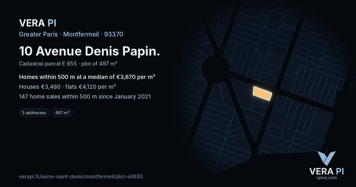 10 Avenue Denis Papin, Montfermeil at night – the plot lit, the parcels around coloured by the prices near them