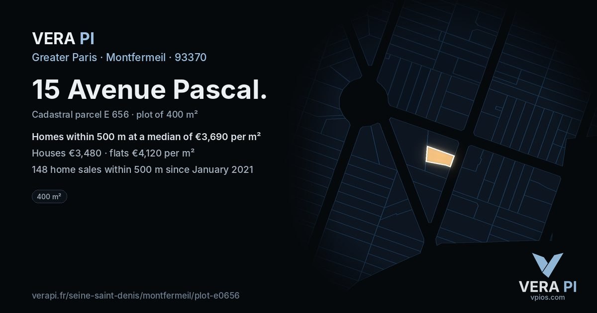 15 Avenue Pascal, Montfermeil at night – the plot lit, the parcels around coloured by the prices near them