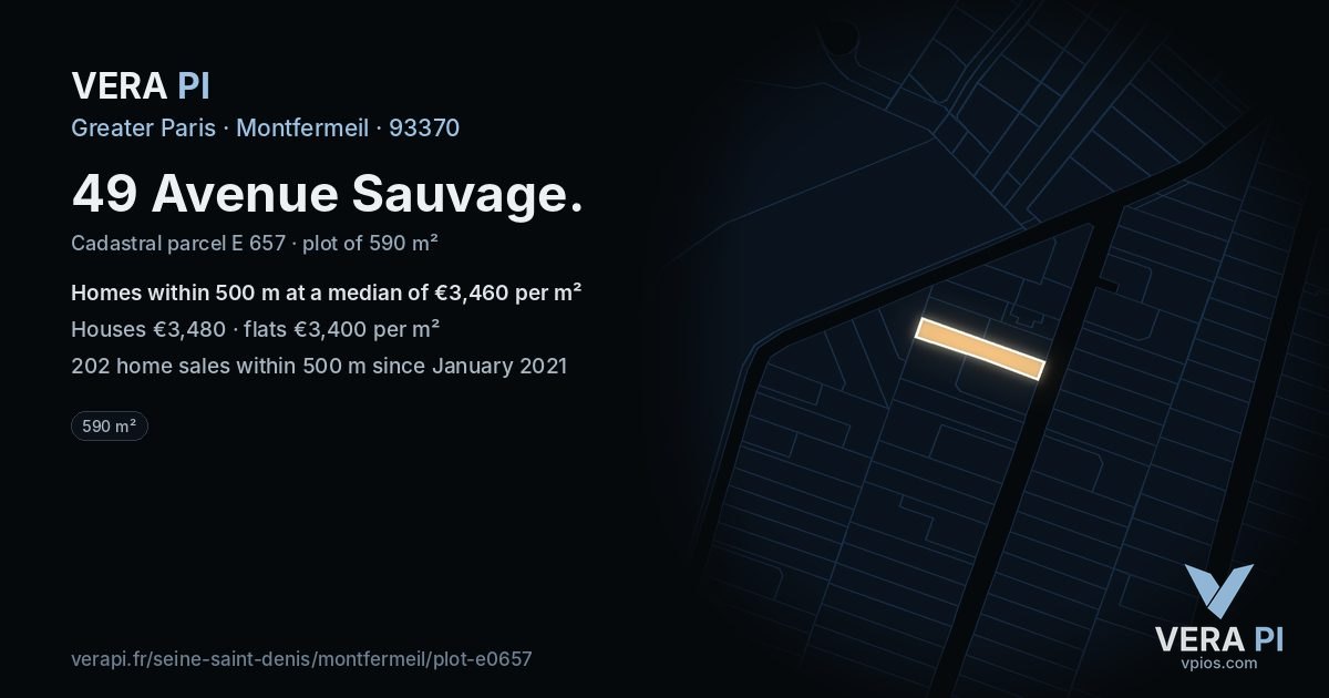 49 Avenue Sauvage, Montfermeil at night – the plot lit, the parcels around coloured by the prices near them