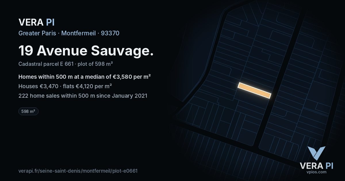 19 Avenue Sauvage, Montfermeil at night – the plot lit, the parcels around coloured by the prices near them