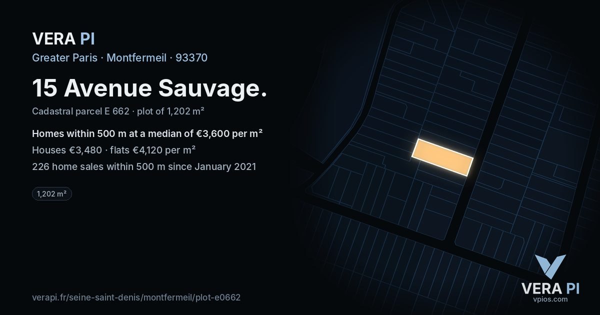 15 Avenue Sauvage, Montfermeil at night – the plot lit, the parcels around coloured by the prices near them