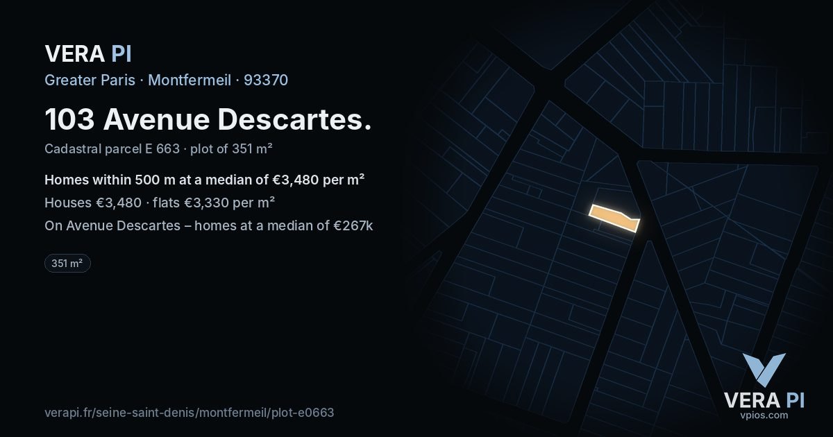 103 Avenue Descartes, Montfermeil at night – the plot lit, the parcels around coloured by the prices near them