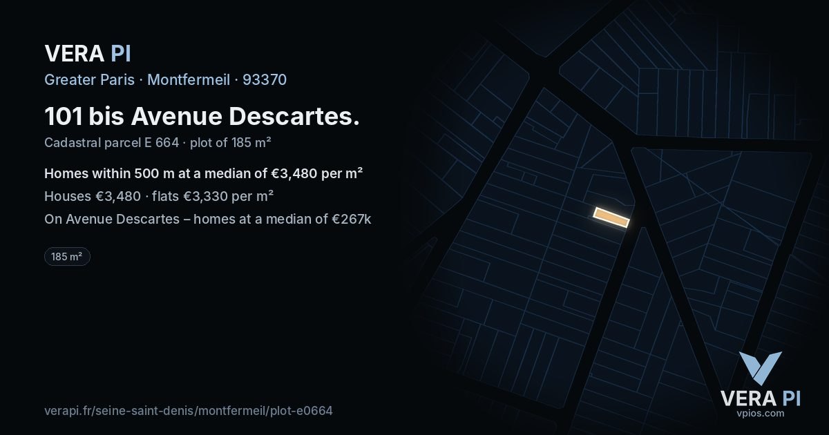 101 bis Avenue Descartes, Montfermeil at night – the plot lit, the parcels around coloured by the prices near them