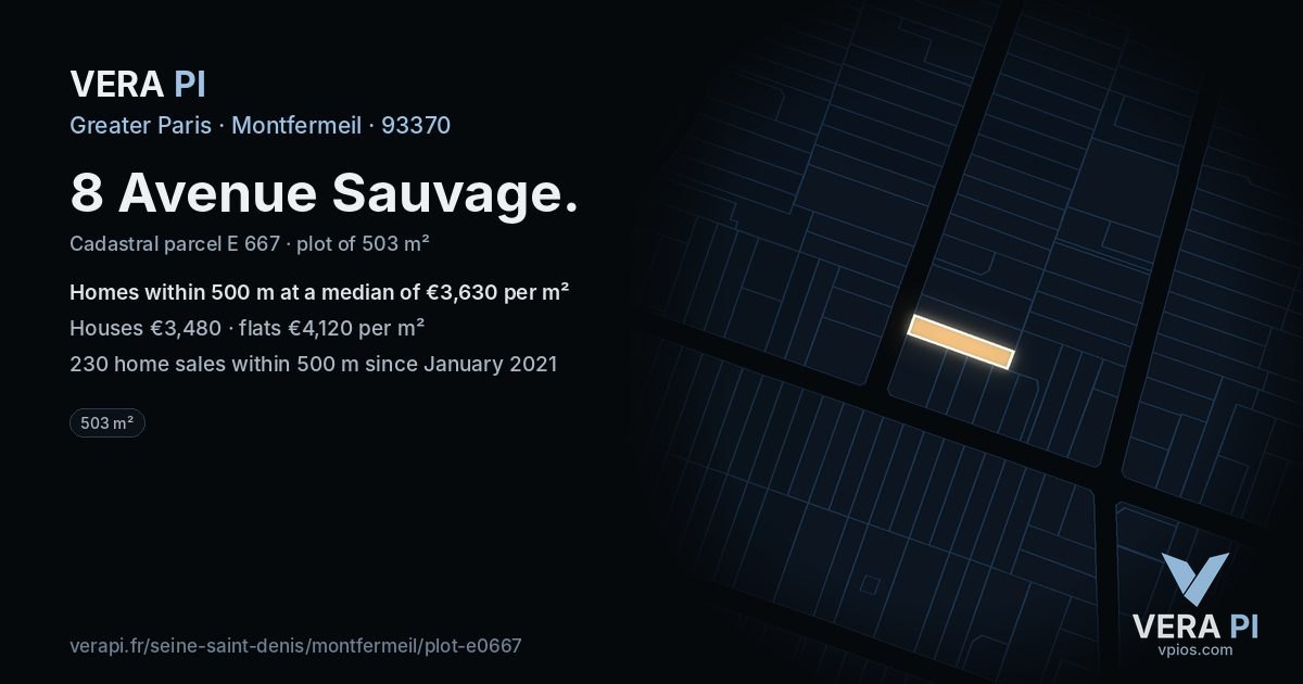 8 Avenue Sauvage, Montfermeil at night – the plot lit, the parcels around coloured by the prices near them