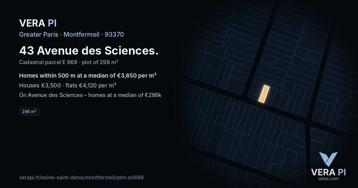 43 Avenue des Sciences, Montfermeil at night – the plot lit, the parcels around coloured by the prices near them