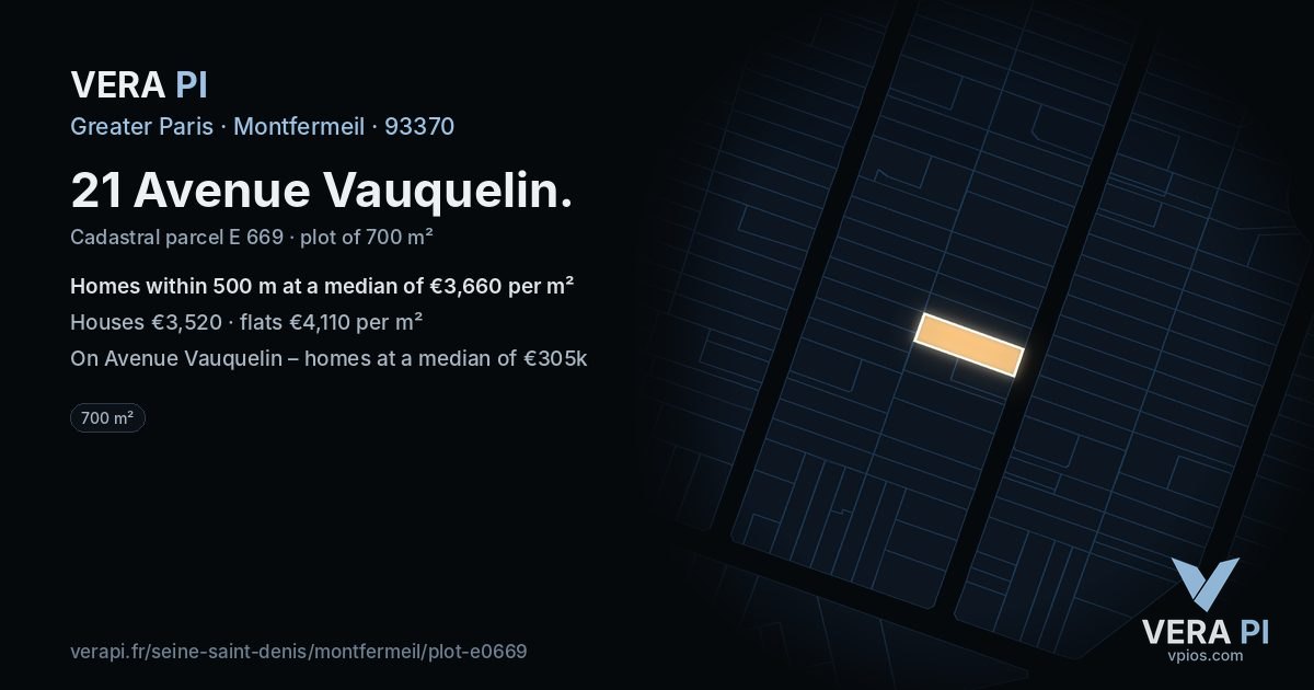 21 Avenue Vauquelin, Montfermeil at night – the plot lit, the parcels around coloured by the prices near them