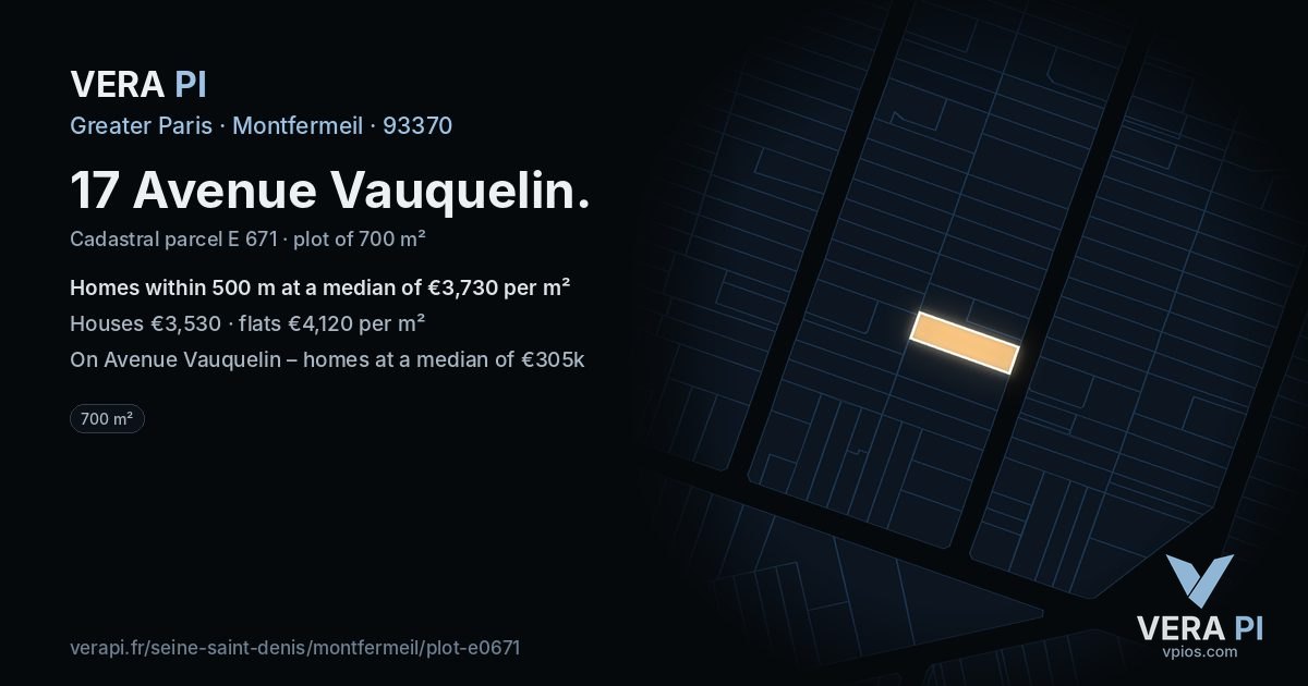 17 Avenue Vauquelin, Montfermeil at night – the plot lit, the parcels around coloured by the prices near them
