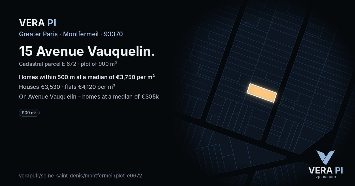 15 Avenue Vauquelin, Montfermeil at night – the plot lit, the parcels around coloured by the prices near them