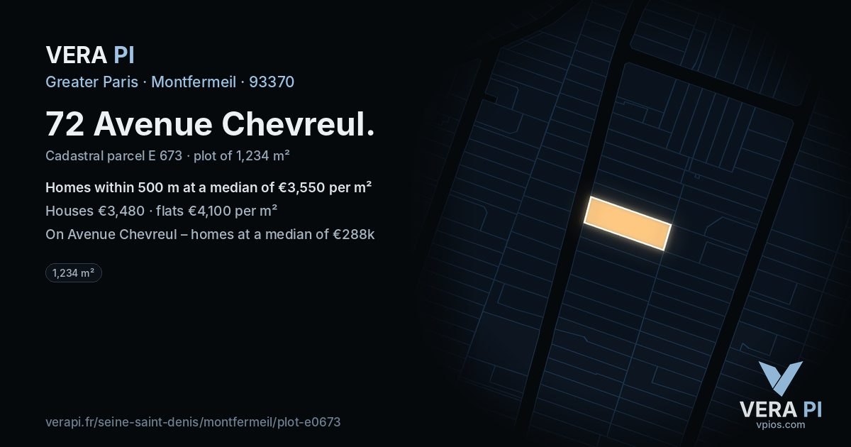 72 Avenue Chevreul, Montfermeil at night – the plot lit, the parcels around coloured by the prices near them