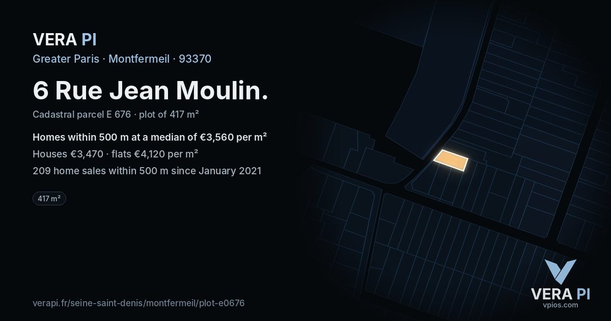 6 Rue Jean Moulin, Montfermeil at night – the plot lit, the parcels around coloured by the prices near them