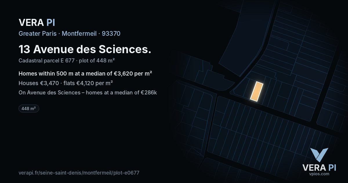 13 Avenue des Sciences, Montfermeil at night – the plot lit, the parcels around coloured by the prices near them