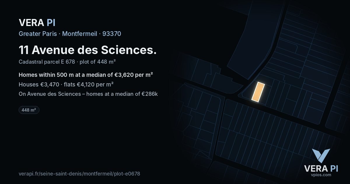 11 Avenue des Sciences, Montfermeil at night – the plot lit, the parcels around coloured by the prices near them