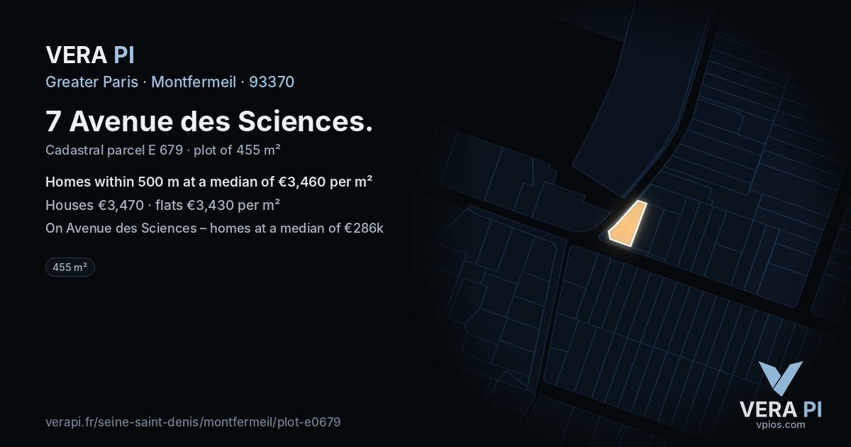 7 Avenue des Sciences, Montfermeil at night – the plot lit, the parcels around coloured by the prices near them