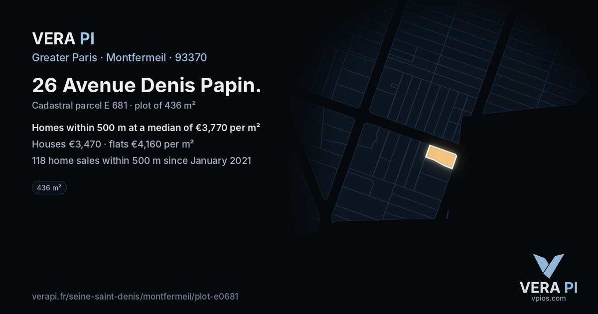 26 Avenue Denis Papin, Montfermeil at night – the plot lit, the parcels around coloured by the prices near them