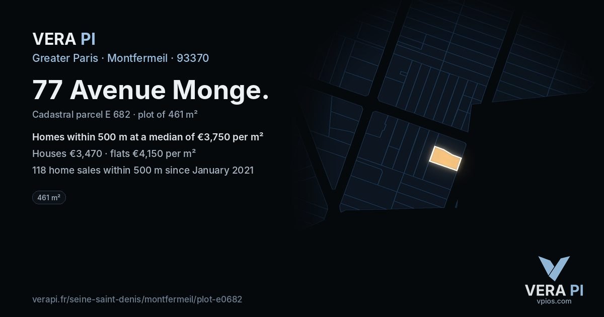 77 Avenue Monge, Montfermeil at night – the plot lit, the parcels around coloured by the prices near them