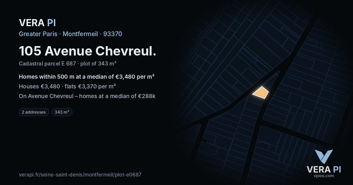 105 Avenue Chevreul, Montfermeil at night – the plot lit, the parcels around coloured by the prices near them