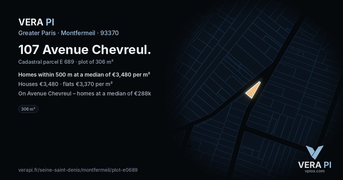 107 Avenue Chevreul, Montfermeil at night – the plot lit, the parcels around coloured by the prices near them